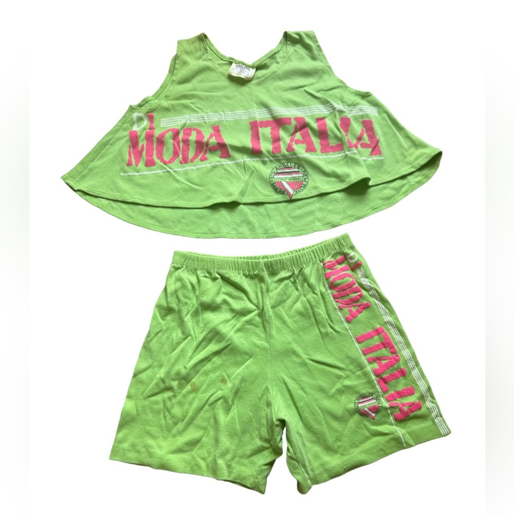 Vtg CITY SITES Green 2 Pc set Shorts tank Top Moda Italia 80s 90s sports